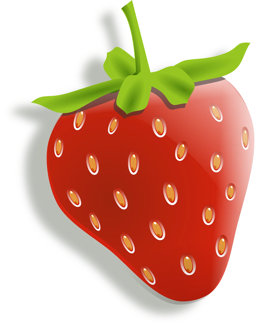 Bright Red Strawberry Fruit Illustration with Vibrant Green Stem and Yellow Seeds