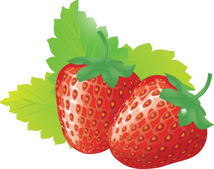 Fresh Juicy Strawberries with Green Leaves Digital Clipart Illustration