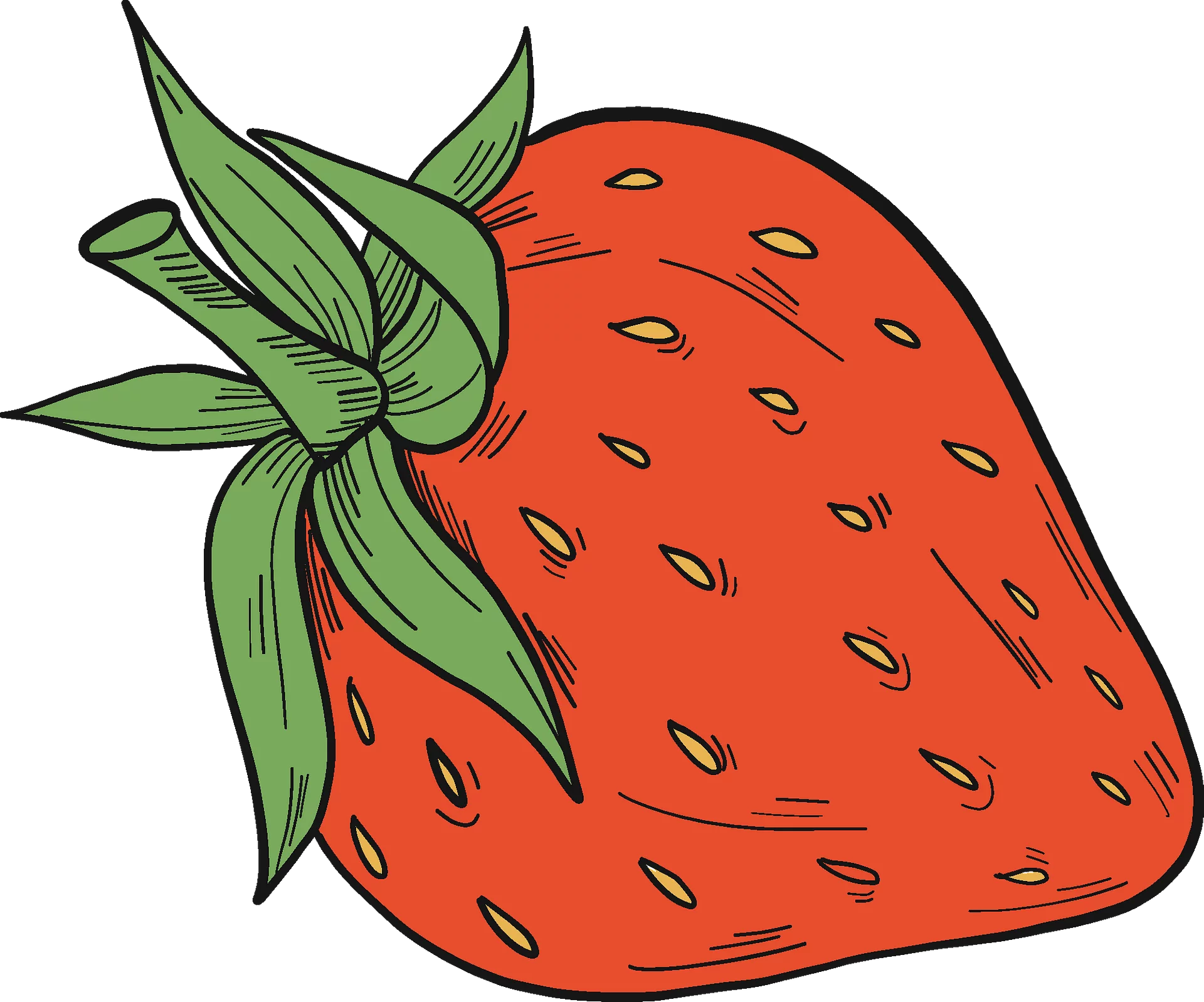 Hand-Drawn Vibrant Strawberry Fruit Illustration with Detailed Green Calyx