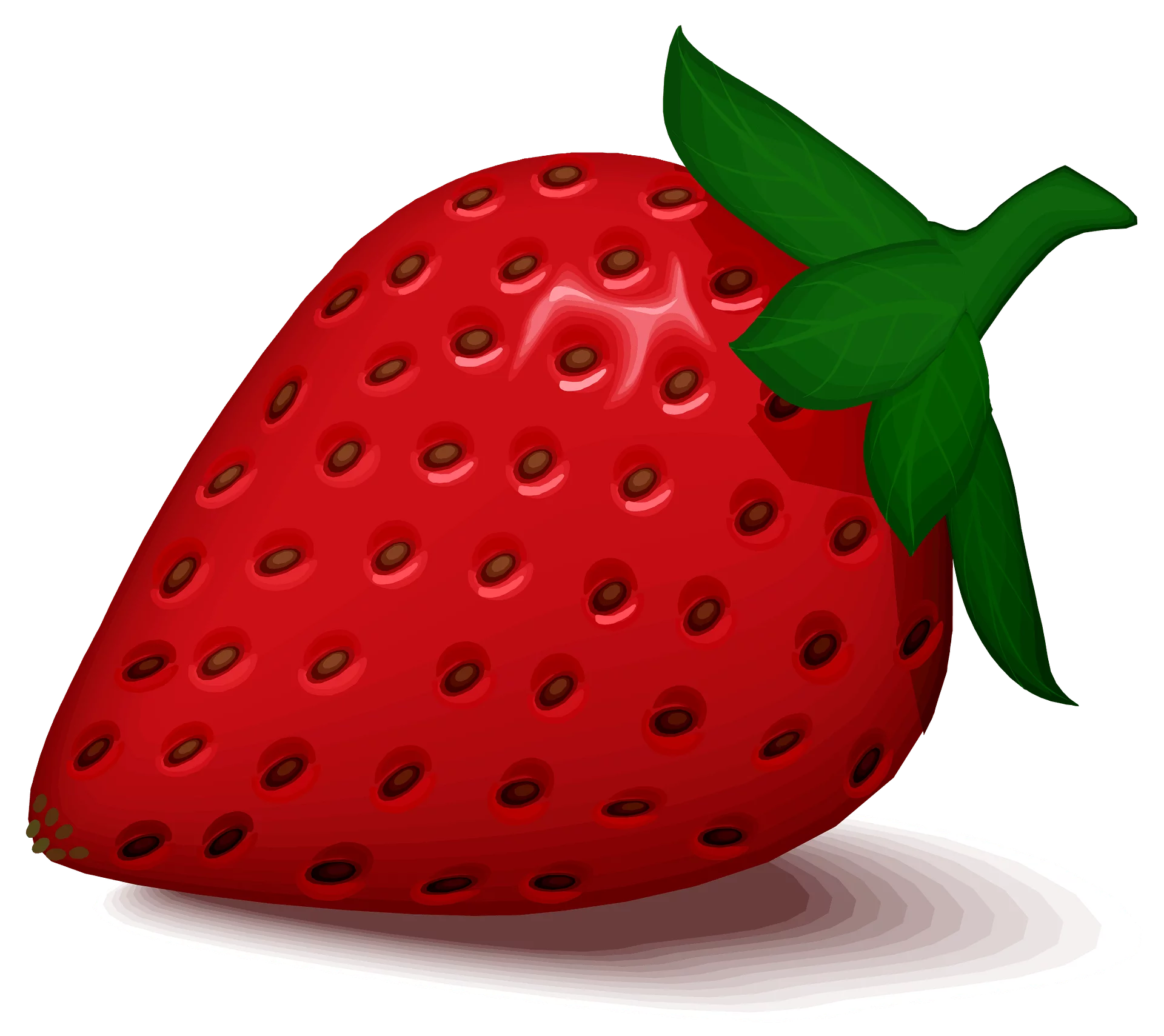 Vibrant Red Strawberry Digital Clipart with Green Leaf and Shiny Surface