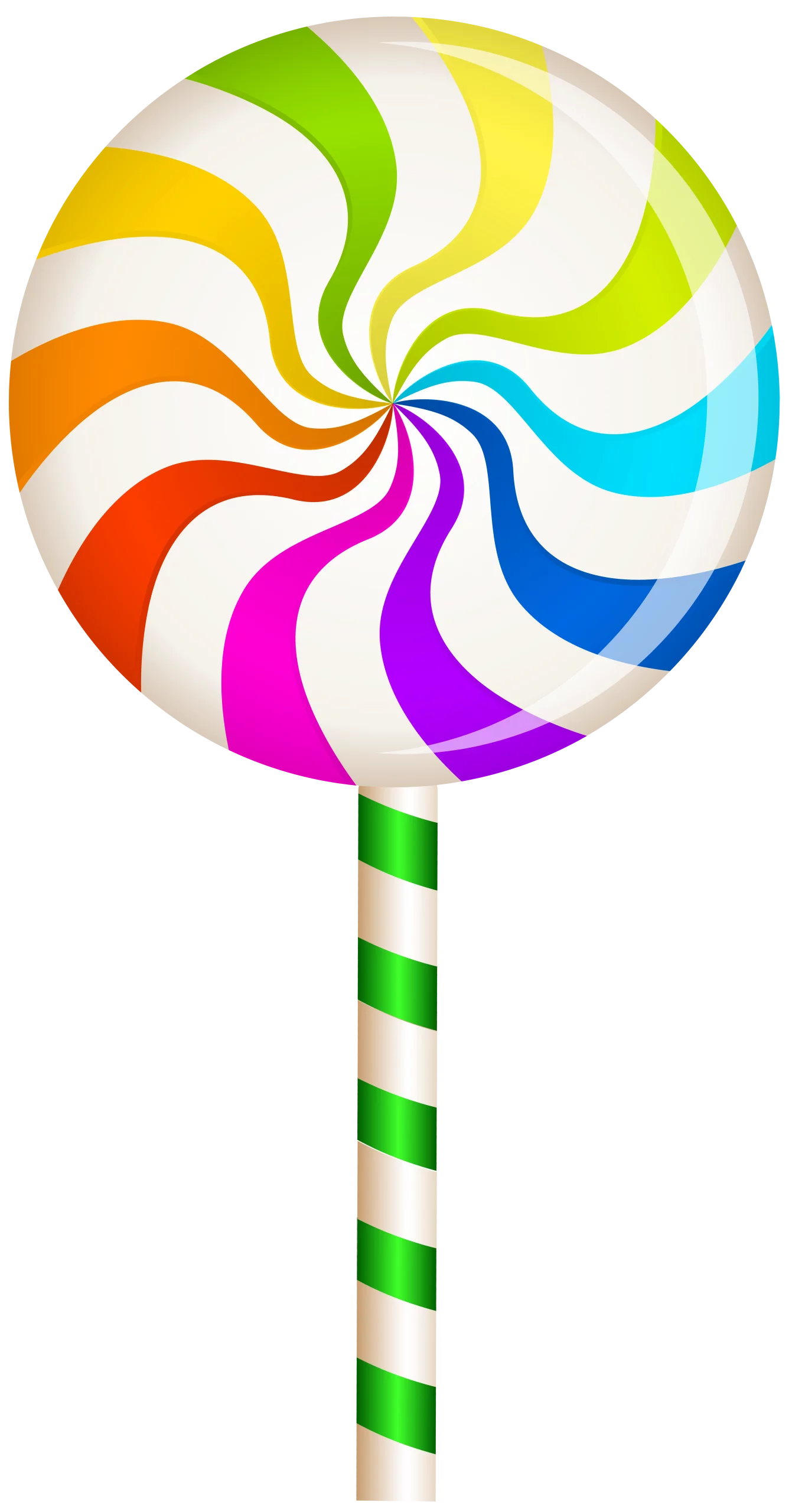 Colorful Spiral Rainbow Swirl Lollipop with Green Striped Handle Candy Clipart