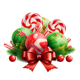 Festive Christmas Candy and Ornament Arrangement with Red Bow Holiday Clipart