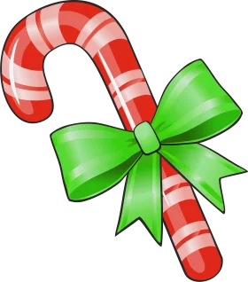 Traditional Christmas Candy Cane with Decorative Green Ribbon Bow Holiday Clipart