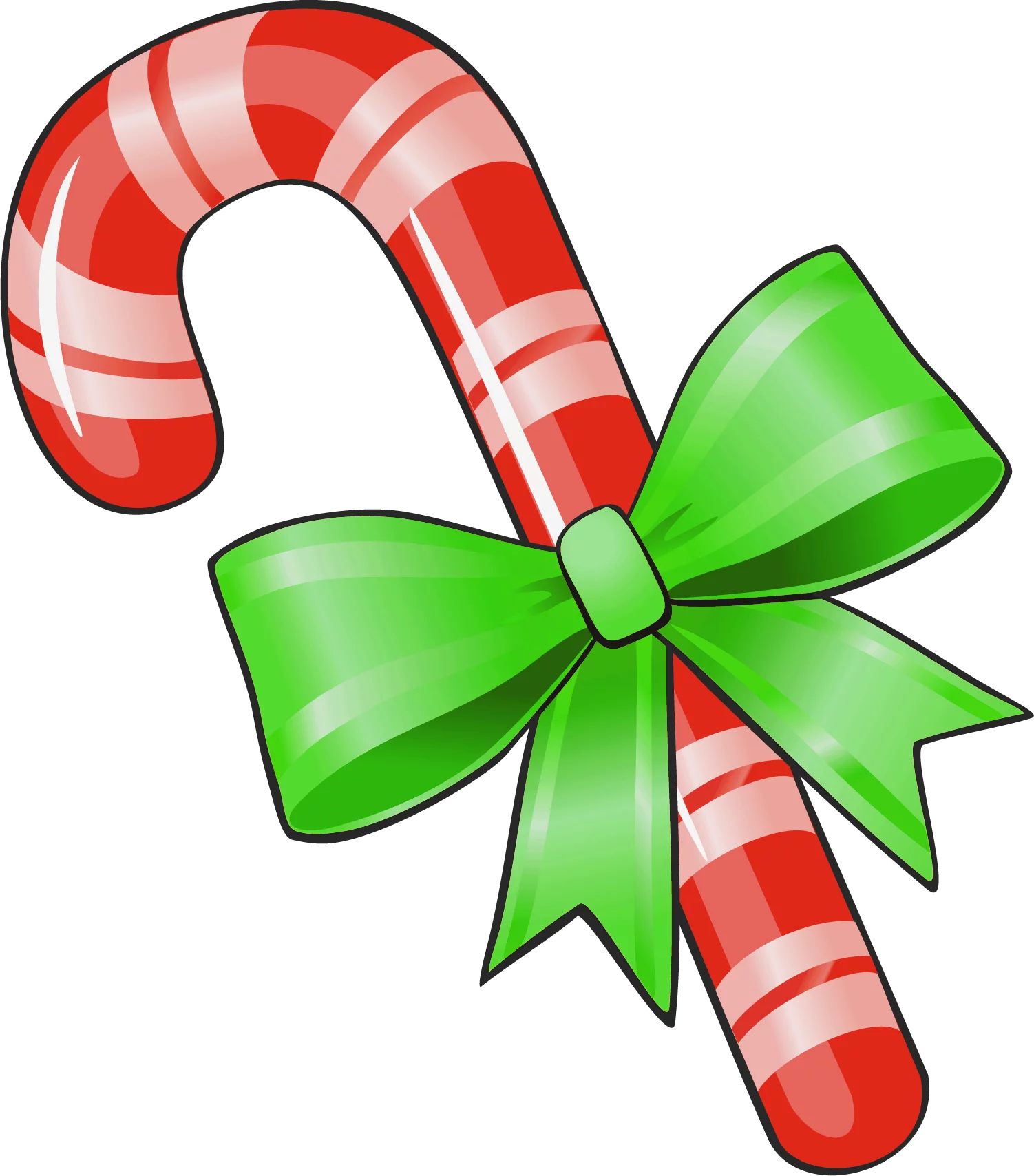 Traditional Christmas Candy Cane with Decorative Green Ribbon Bow Holiday Clipart