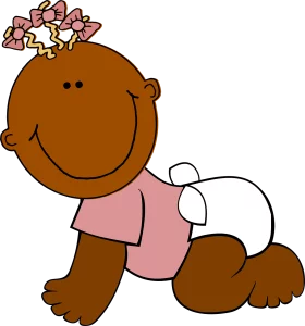 Adorable Baby Cartoon Character Crawling with Pink Outfit and Hair Bow