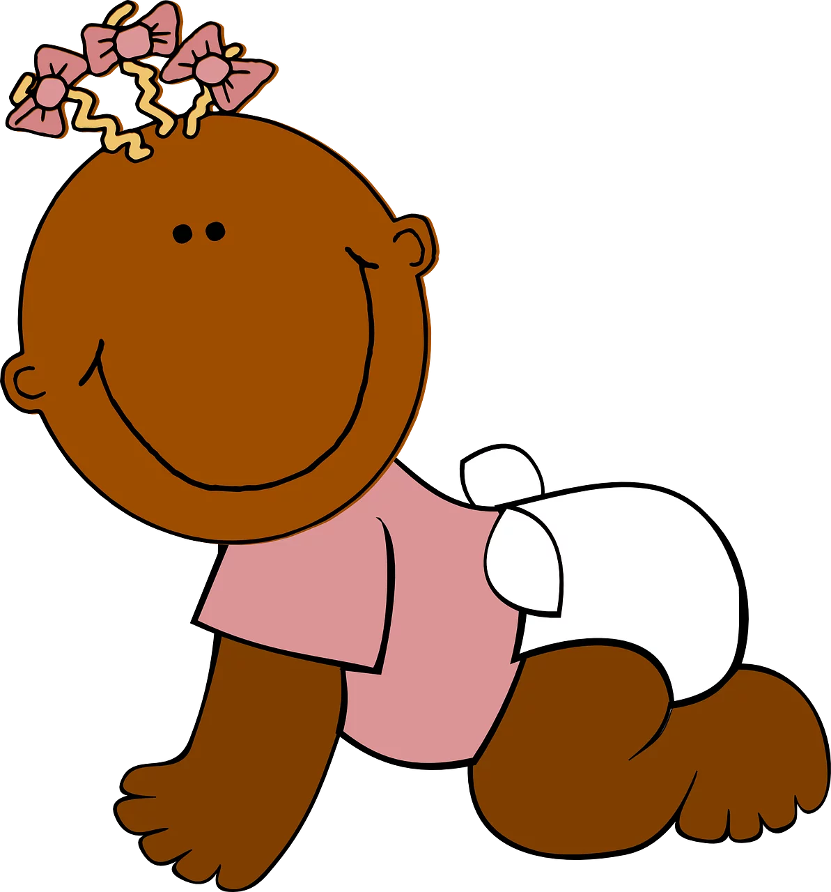 Adorable Baby Cartoon Character Crawling with Pink Outfit and Hair Bow