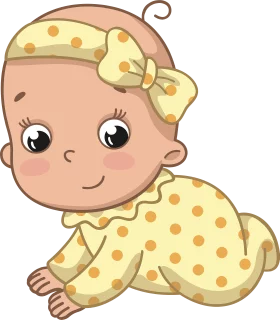 Adorable Baby Cartoon Character in Yellow Polka Dot Outfit with Bow Headband