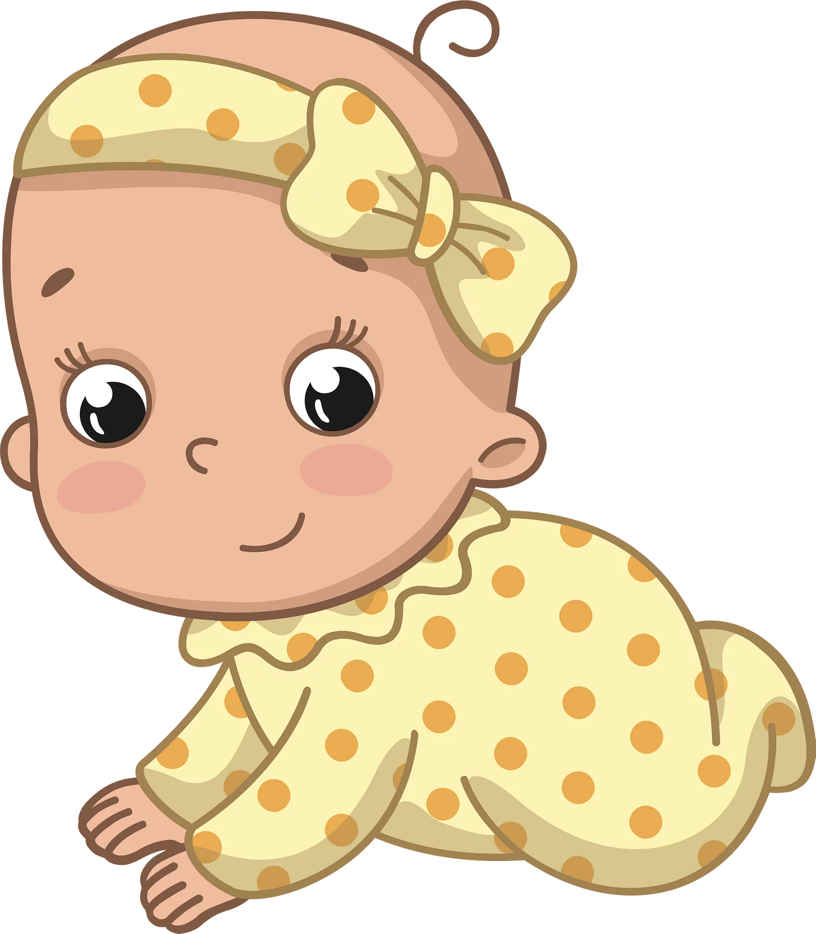 Adorable Baby Cartoon Character in Yellow Polka Dot Outfit with Bow Headband