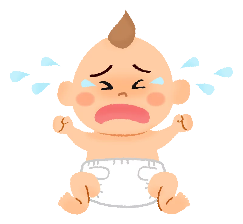 Adorable Cartoon Baby Crying with Tears and Clenched Fists in White Diaper