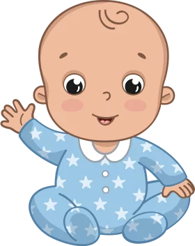 Adorable Cartoon Baby in Star-Patterned Blue Pajamas Waving Happily