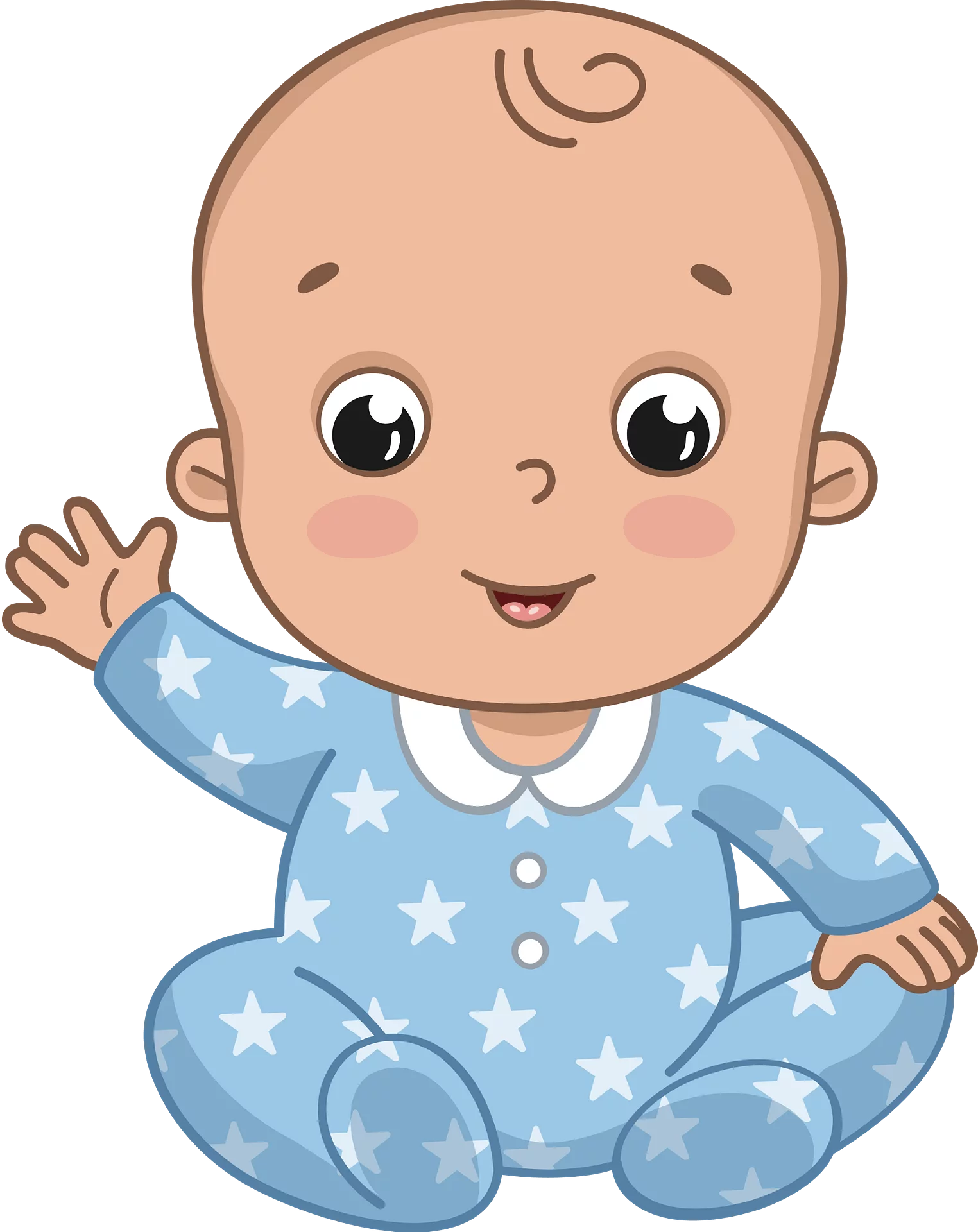 Adorable Cartoon Baby in Star-Patterned Blue Pajamas Waving Happily