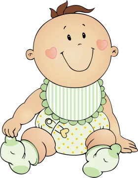 Adorable Cartoon Baby in Yellow Polka Dot Outfit with Green Striped Bib and Mint Booties