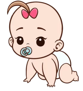 Adorable Cartoon Baby with Pink Bow and Blue Pacifier in Crawling Position