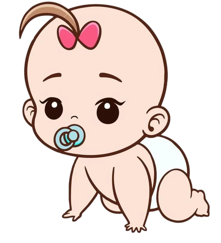 Adorable Cartoon Baby with Pink Bow and Blue Pacifier in Crawling Position