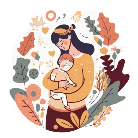 Nurturing Embrace: Mother and Child Surrounded by Autumn Botanical Elements