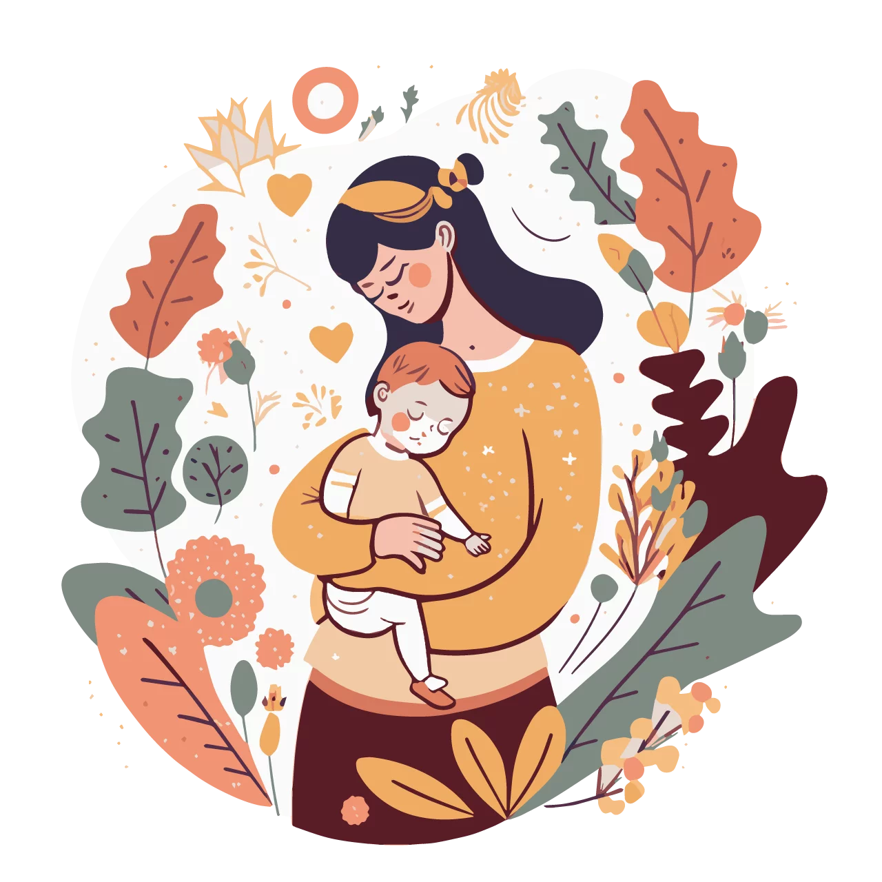 Nurturing Embrace: Mother and Child Surrounded by Autumn Botanical Elements