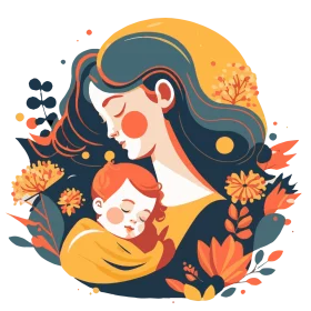 Tender Maternal Embrace: Artistic Illustration of Mother and Child with Floral Elements