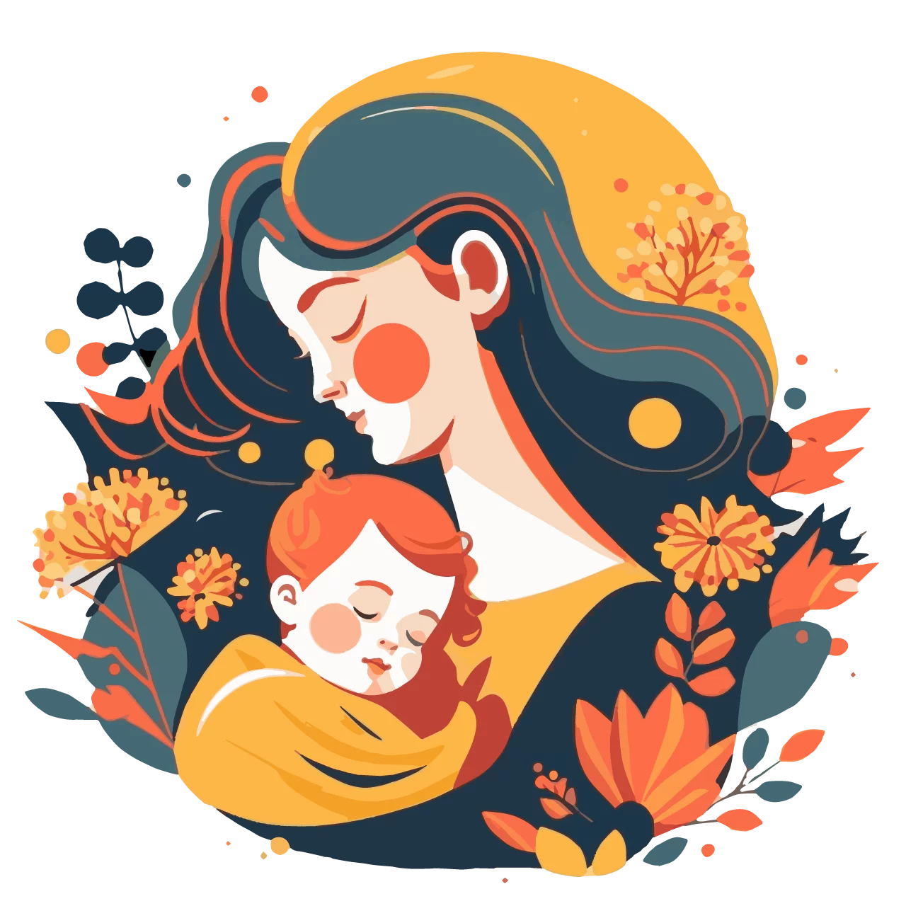 Tender Maternal Embrace: Artistic Illustration of Mother and Child with Floral Elements