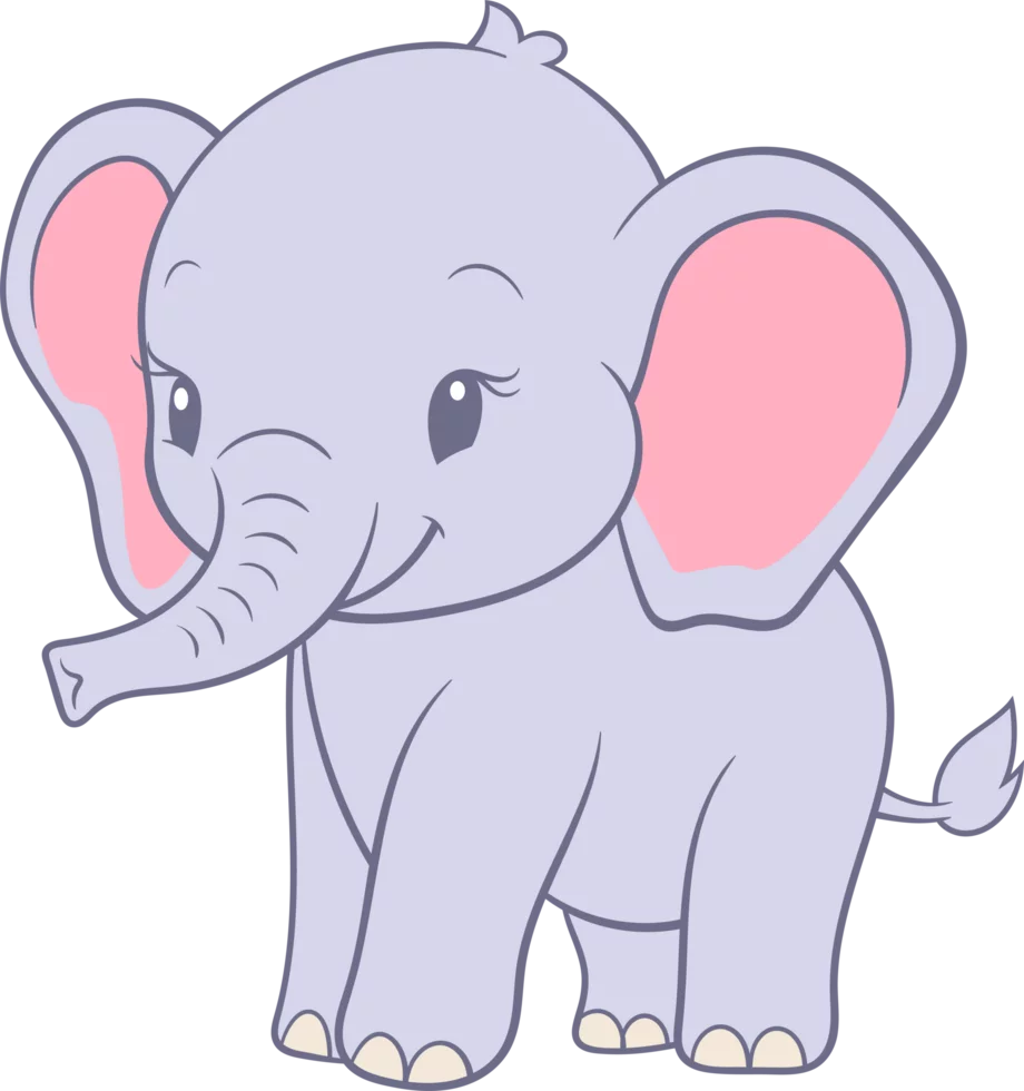 Adorable Baby Elephant Cartoon Character with Lavender Gray Body and Pink Ears