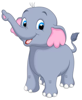 Adorable Baby Elephant with Big Blue Eyes and Pink Ears Raising Trunk in Playful Pose