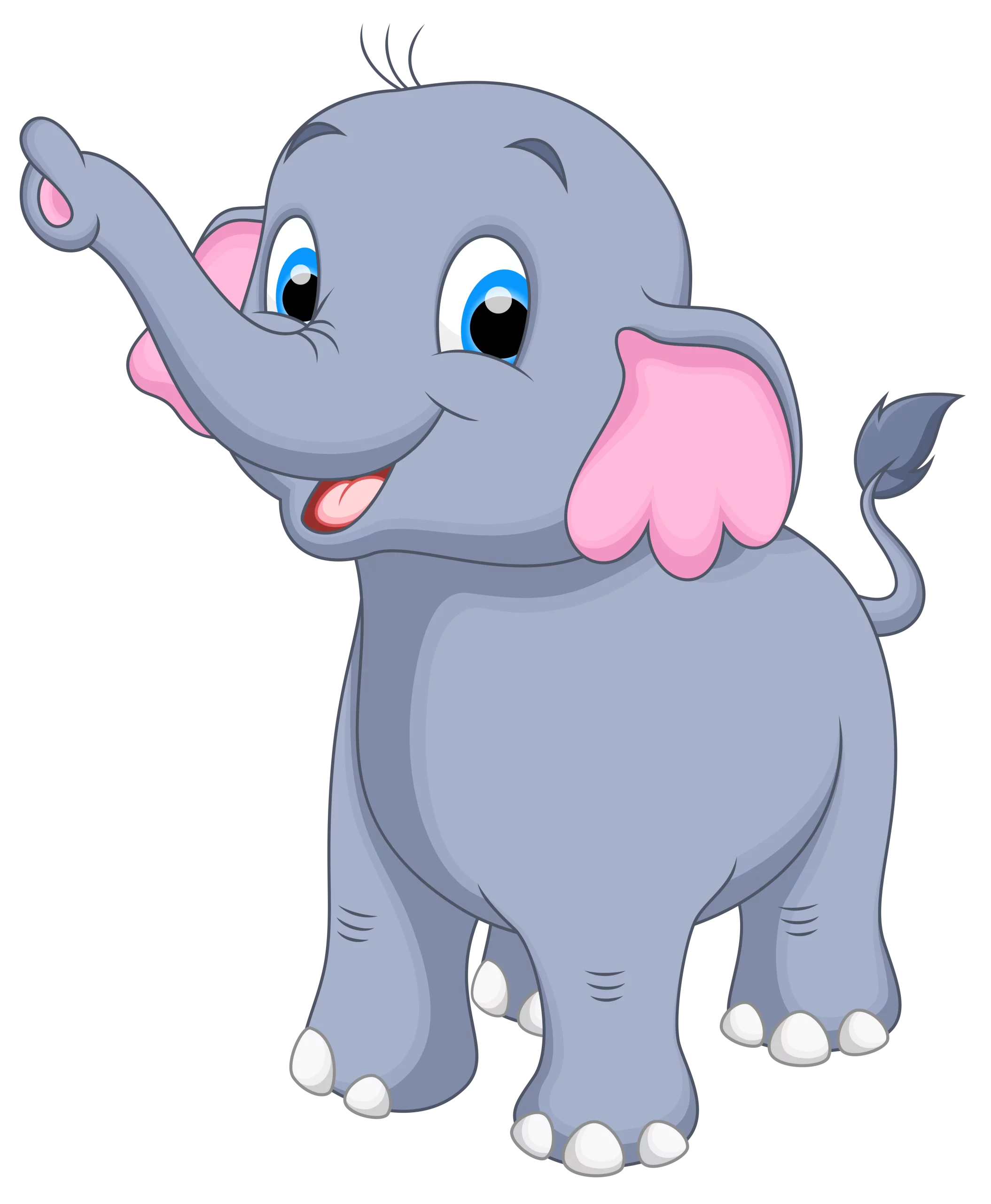 Adorable Baby Elephant with Big Blue Eyes and Pink Ears Raising Trunk in Playful Pose