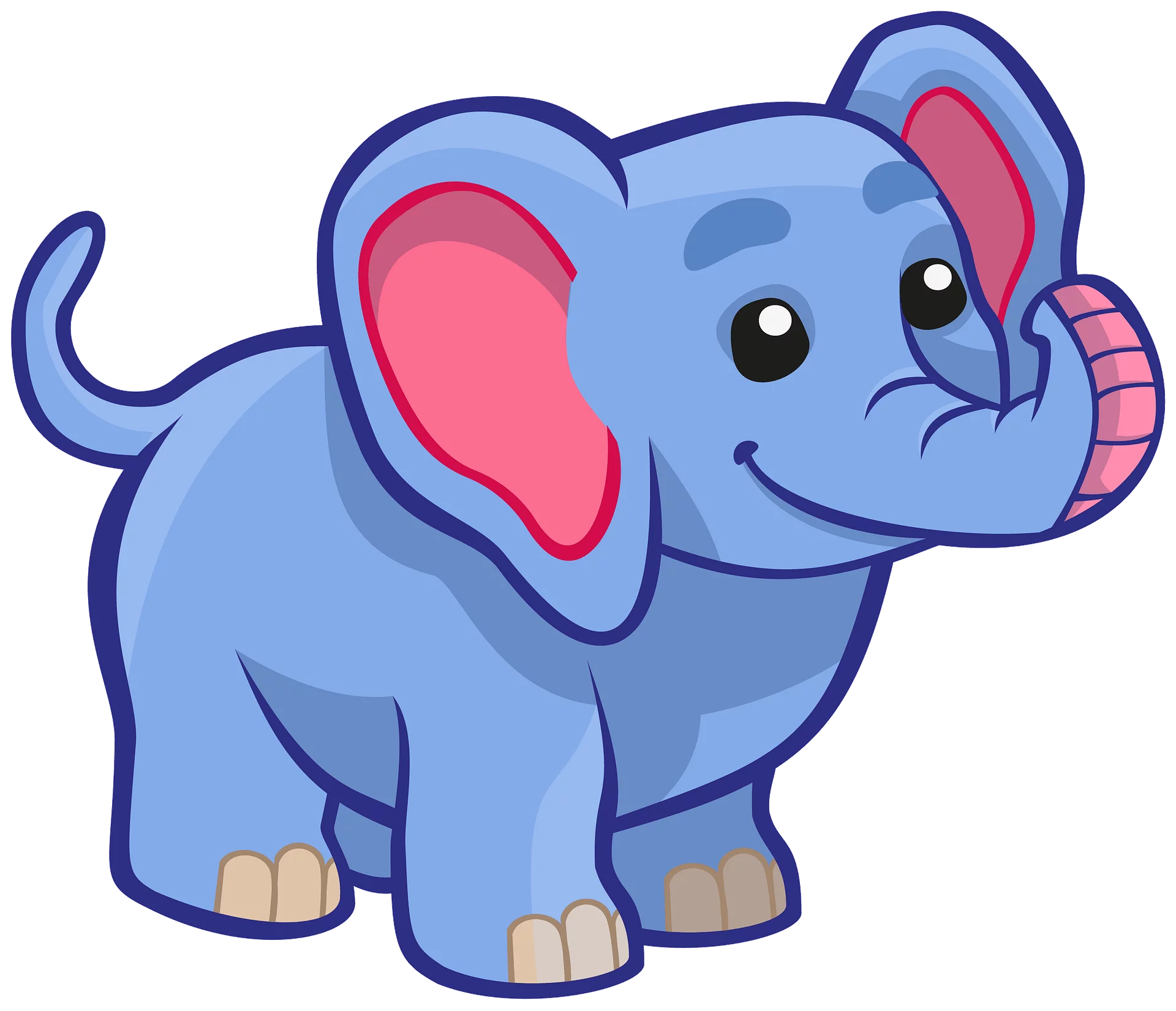 Adorable Blue Baby Elephant Cartoon with Pink Ears and Playful Expression for Kids