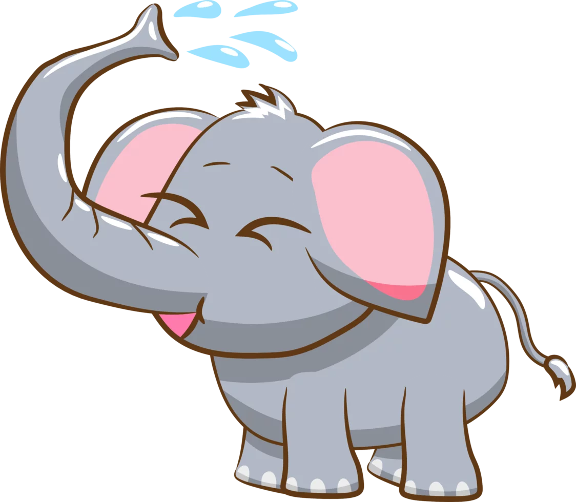 Adorable Gray Cartoon Elephant Playfully Spraying Water from Its Trunk with Joy