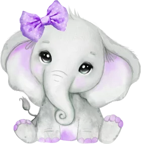 Adorable Baby Elephant with Purple Bow - Sweet Nursery Animal Clipart Illustration