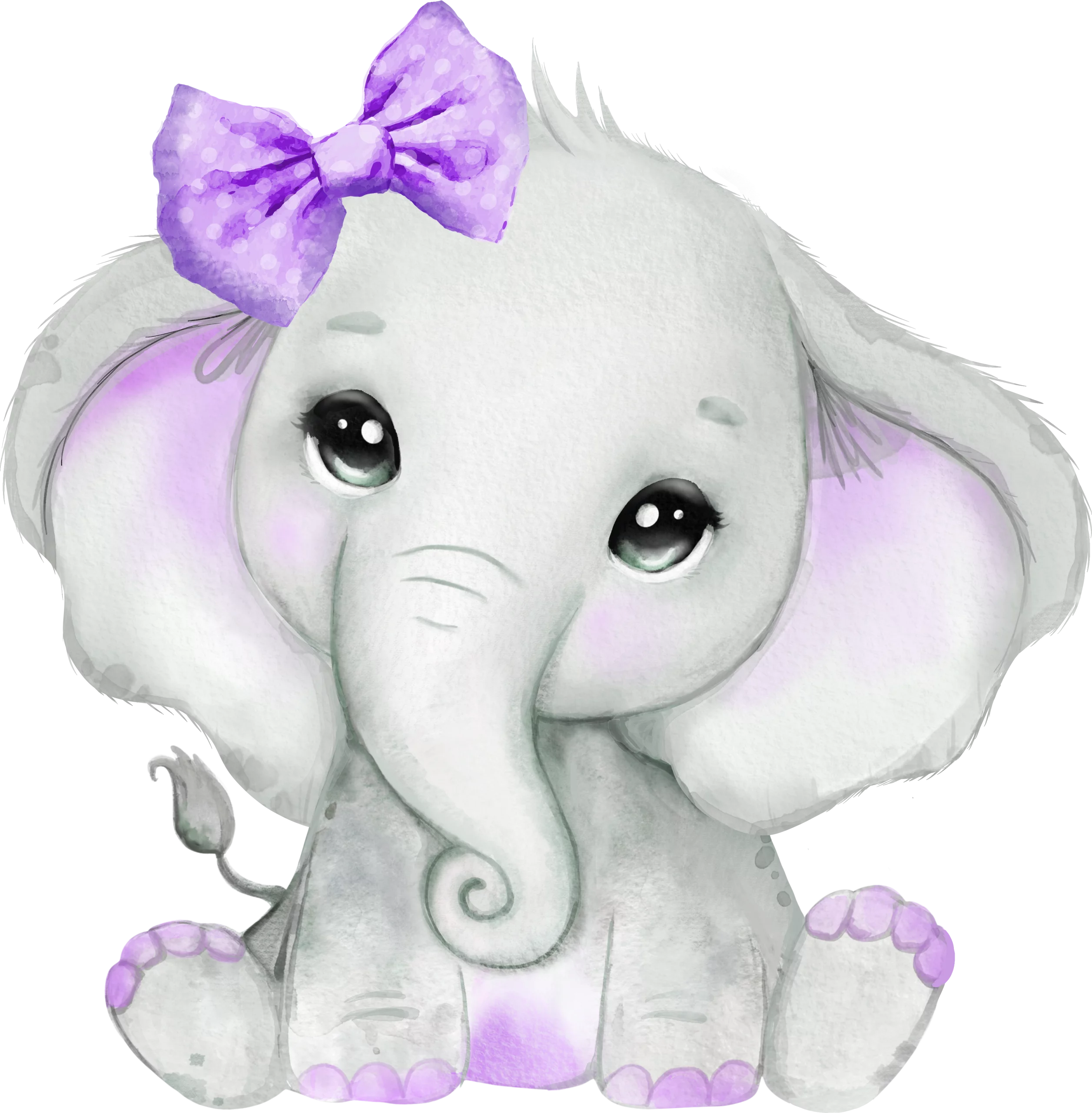 Adorable Baby Elephant with Purple Bow - Sweet Nursery Animal Clipart Illustration