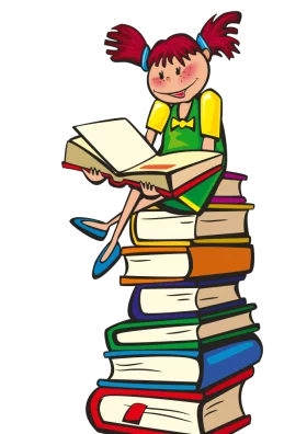 Cheerful Cartoon Girl Reading on Colorful Stack of Books Educational Clipart