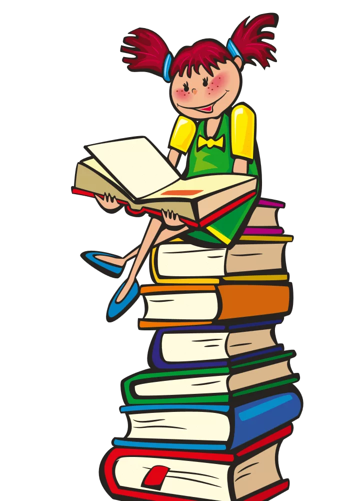 Cheerful Cartoon Girl Reading on Colorful Stack of Books Educational Clipart