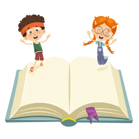 Cheerful Children Jumping with Joy on an Open Book Educational Clipart