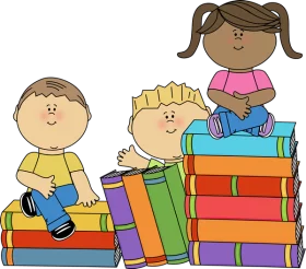 Cheerful Children Reading and Learning on Colorful Book Stacks Educational Clipart