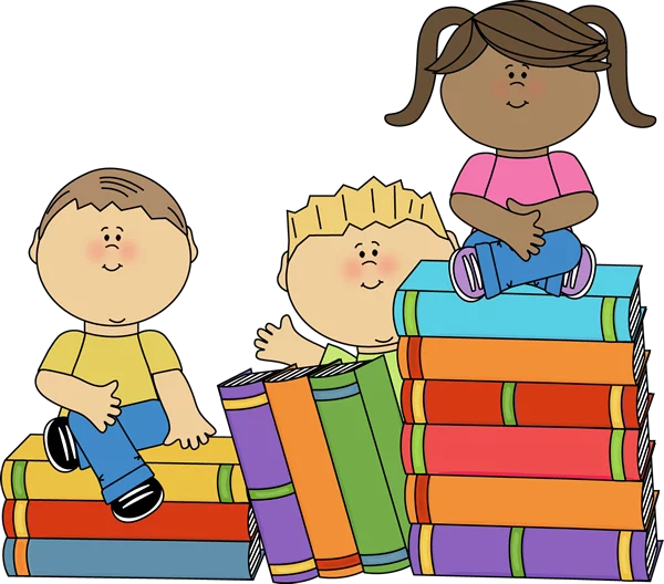 Cheerful Children Reading and Learning on Colorful Book Stacks Educational Clipart