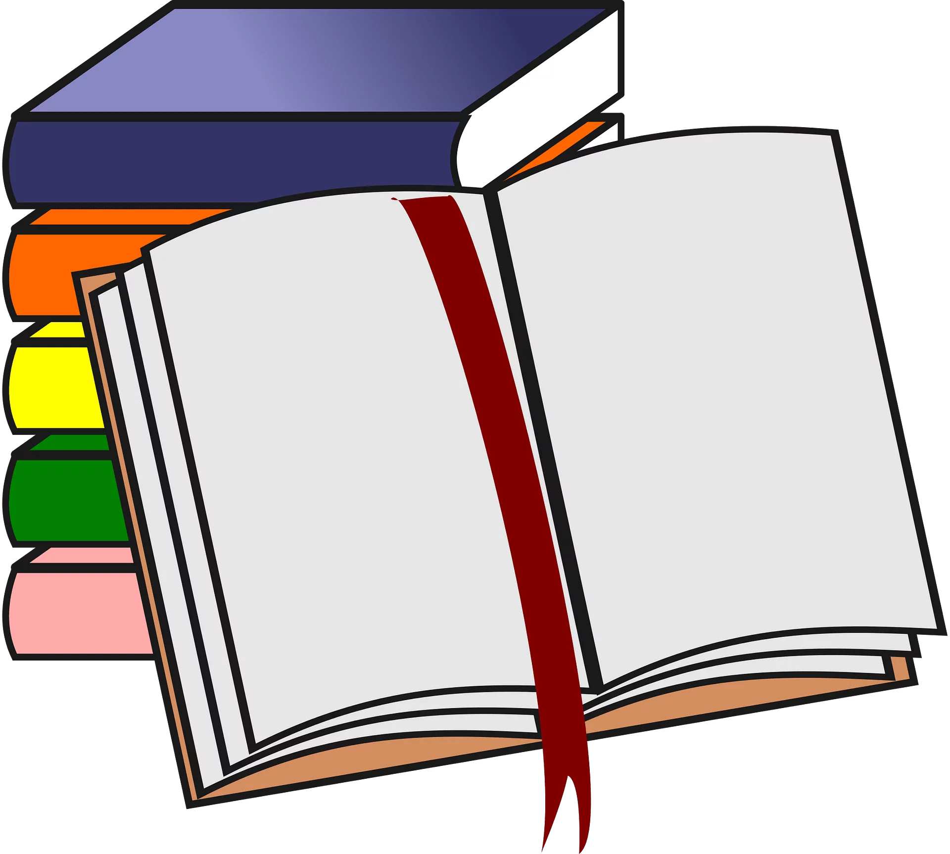 Colorful Stack of Books with Open Book and Red Bookmark Clipart Illustration