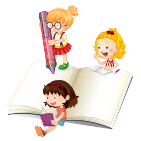 Joyful Children Learning and Reading with Books and Writing Tools Clipart