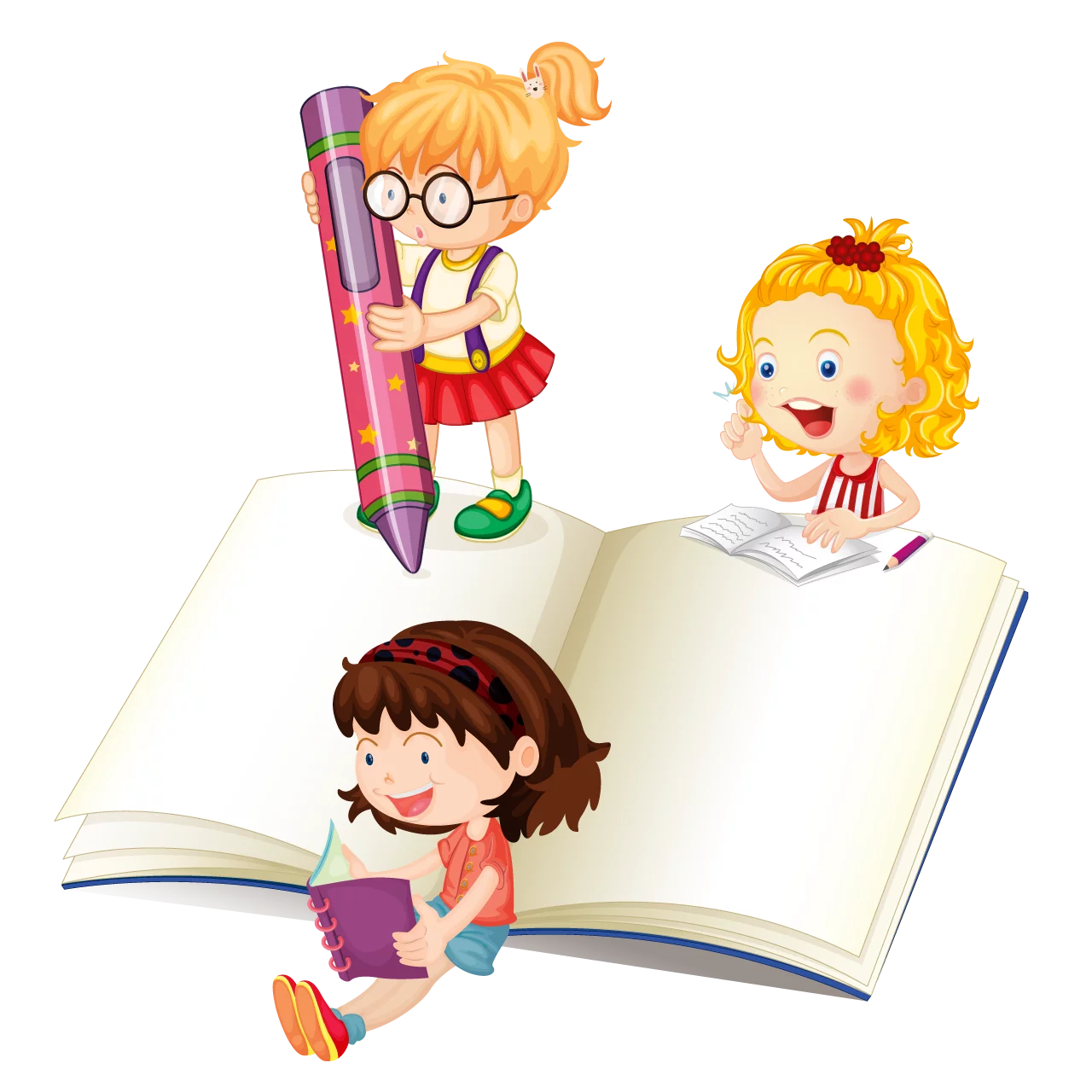 Joyful Children Learning and Reading with Books and Writing Tools Clipart