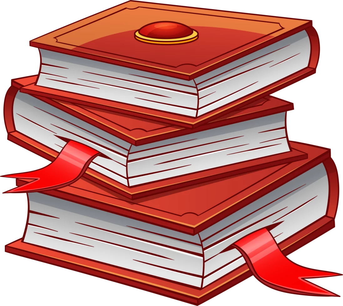 Stack of Red Hardcover Books with Ribbon Bookmarks in Cartoon Style Clipart