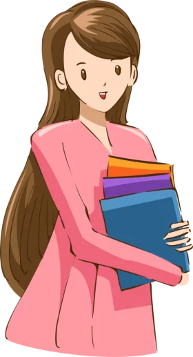 Cartoon Character in Pink Outfit Carrying Colorful Stack of Books or Folders