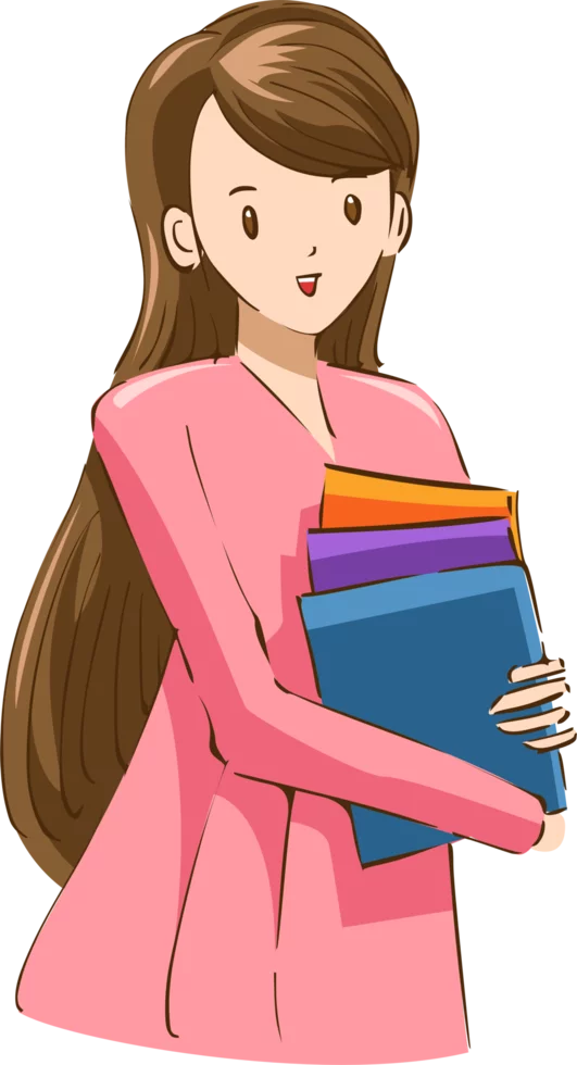 Cartoon Character in Pink Outfit Carrying Colorful Stack of Books or Folders