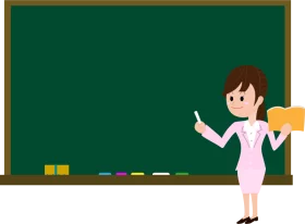 Cartoon Teacher Pointing at Empty Green Chalkboard in Educational Setting Clipart