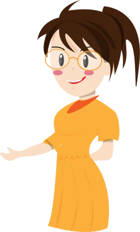 Cheerful Cartoon Character in Bright Orange Dress with Round Glasses