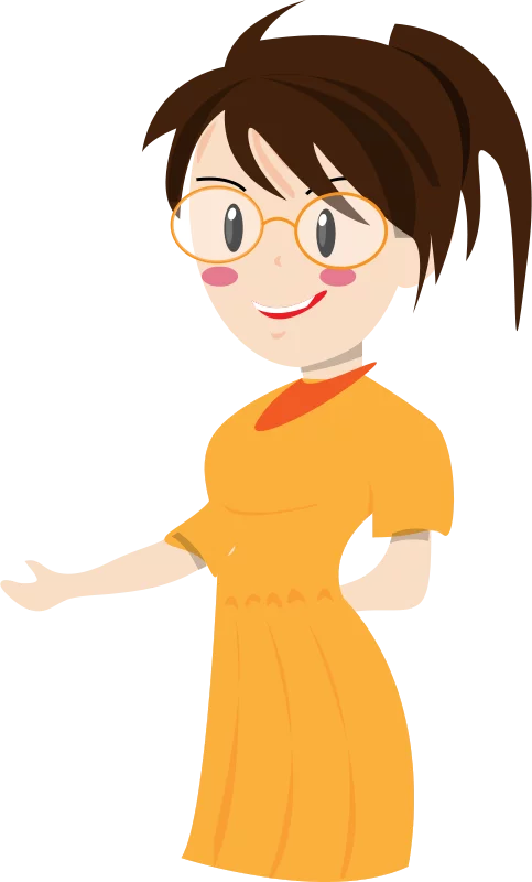 Cheerful Cartoon Character in Bright Orange Dress with Round Glasses