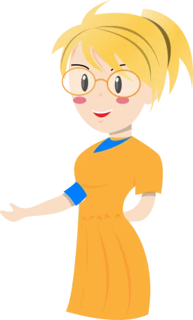 Cheerful Cartoon Character in Orange Dress with Round Glasses and Blonde Hair