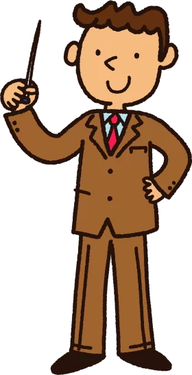 Cheerful Cartoon Professor in Brown Suit Holding Pointer for Presentation