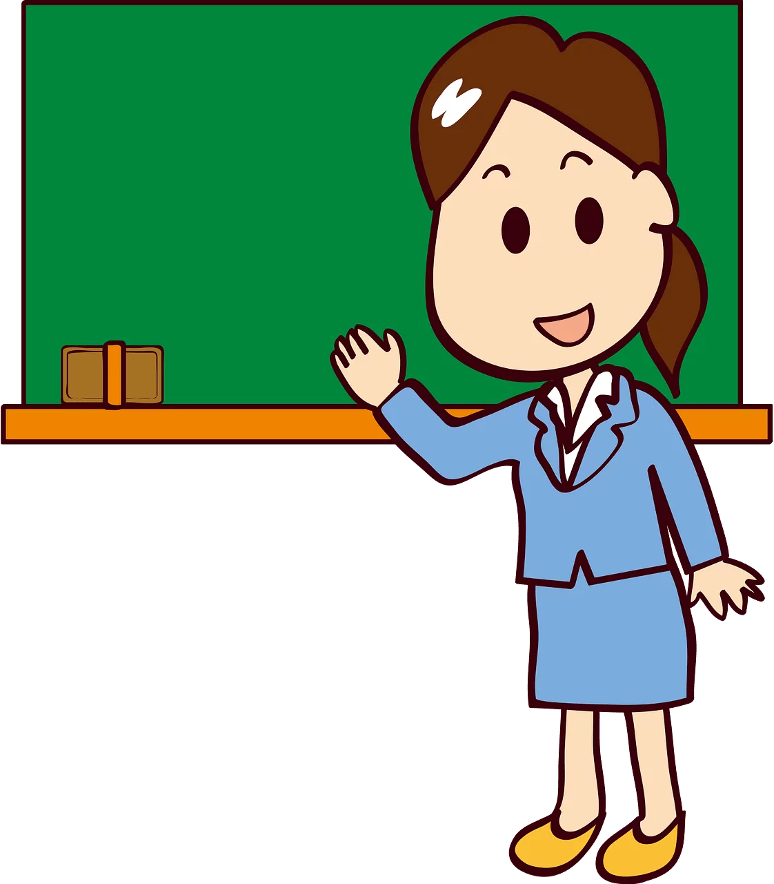 Cheerful Cartoon Teacher in Blue Suit Gesturing in Front of Green Chalkboard