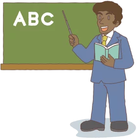 Cheerful Cartoon Teacher with Pointer Stick and Book Next to ABC Chalkboard