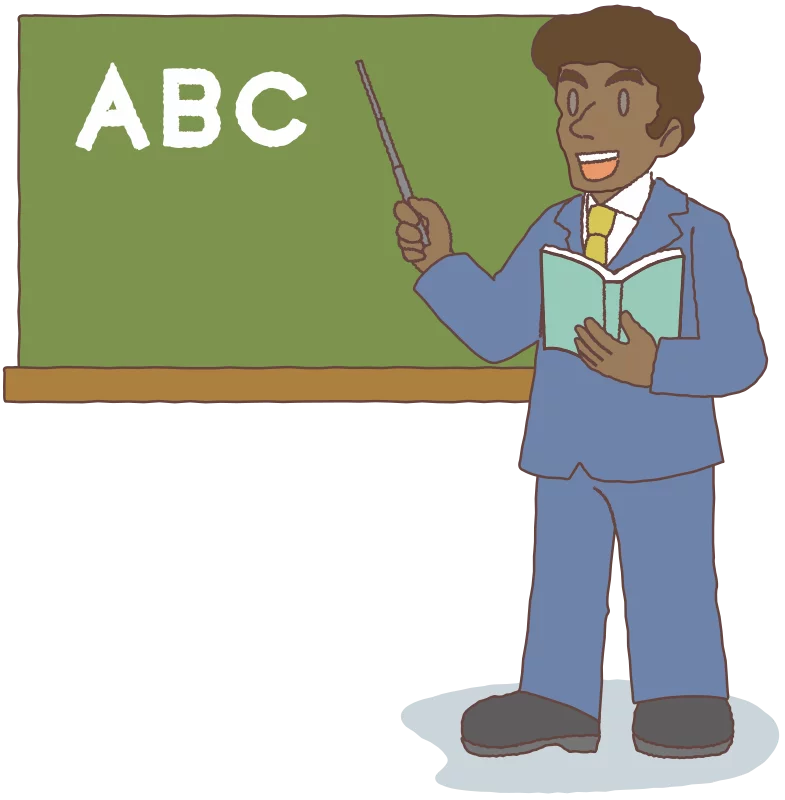 Cheerful Cartoon Teacher with Pointer Stick and Book Next to ABC Chalkboard