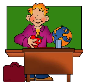 Cheerful Teacher in Purple Shirt at Desk with Globe and Apple Clipart