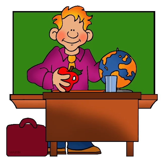 Cheerful Teacher in Purple Shirt at Desk with Globe and Apple Clipart